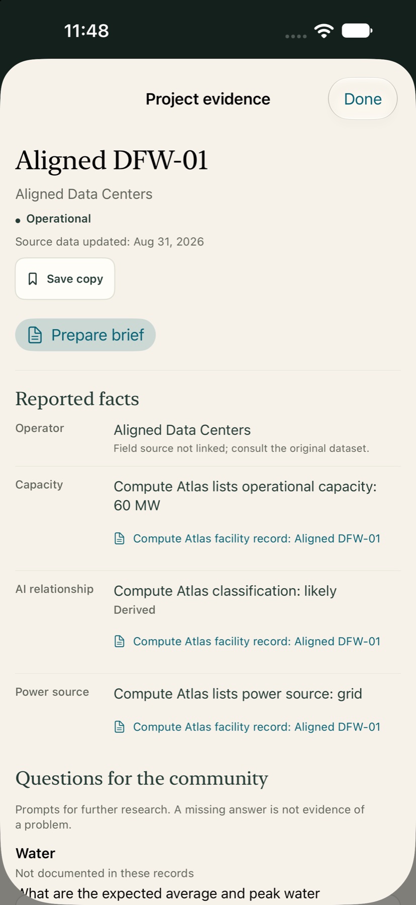 Project evidence for Aligned DFW-01 showing attributed capacity and power information, derived context, and unanswered community questions.