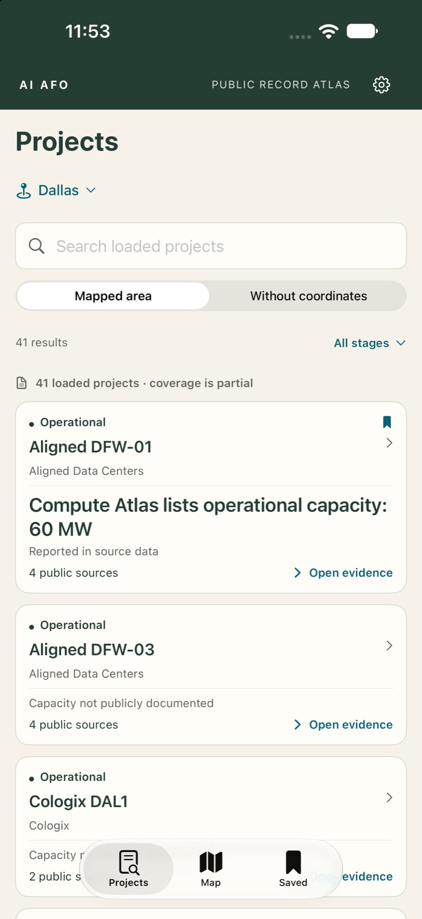 AI AFO Projects screen showing Dallas records, partial-coverage information, project stages, search, and a separate catalog without coordinates.