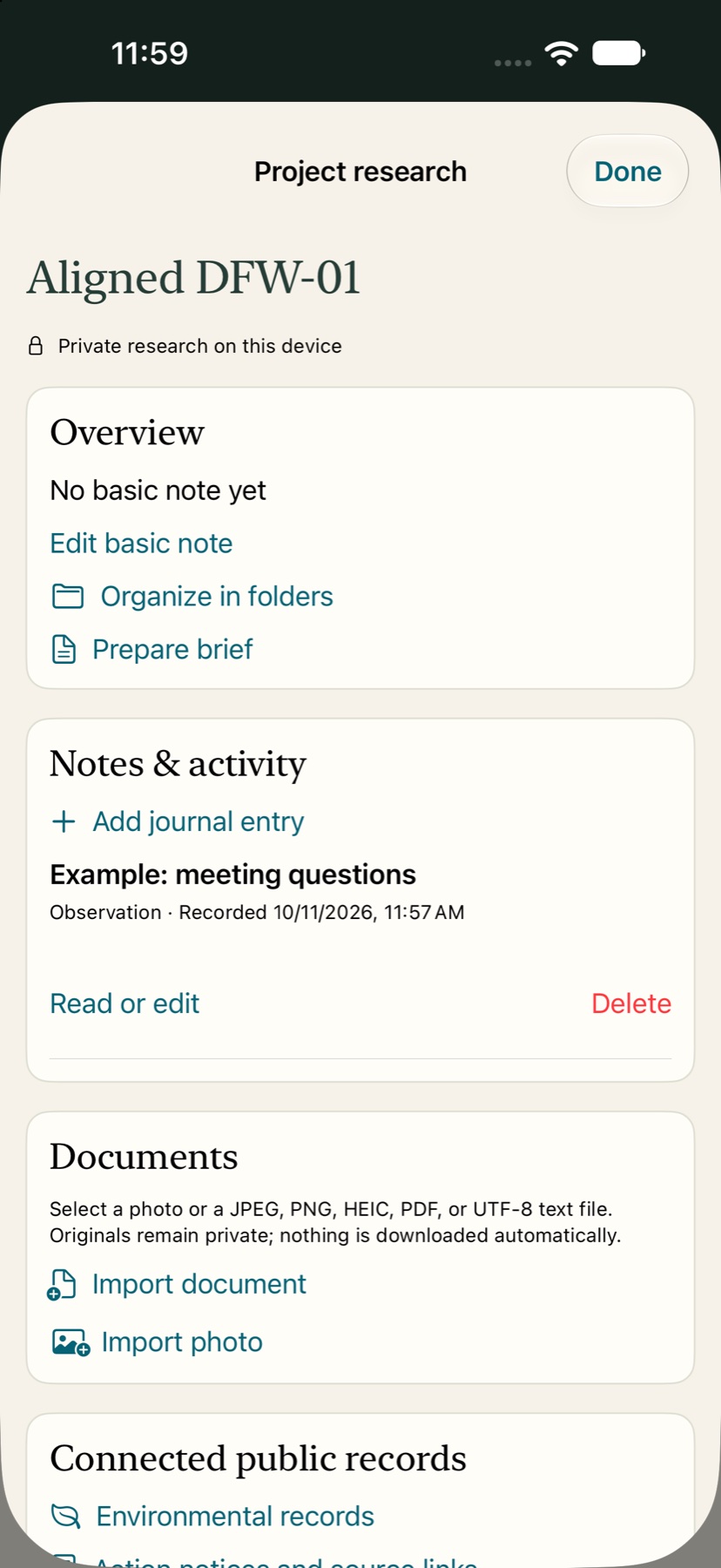 Private project research showing folders, a clearly labeled example journal entry, document and photo imports, and the Prepare brief action.