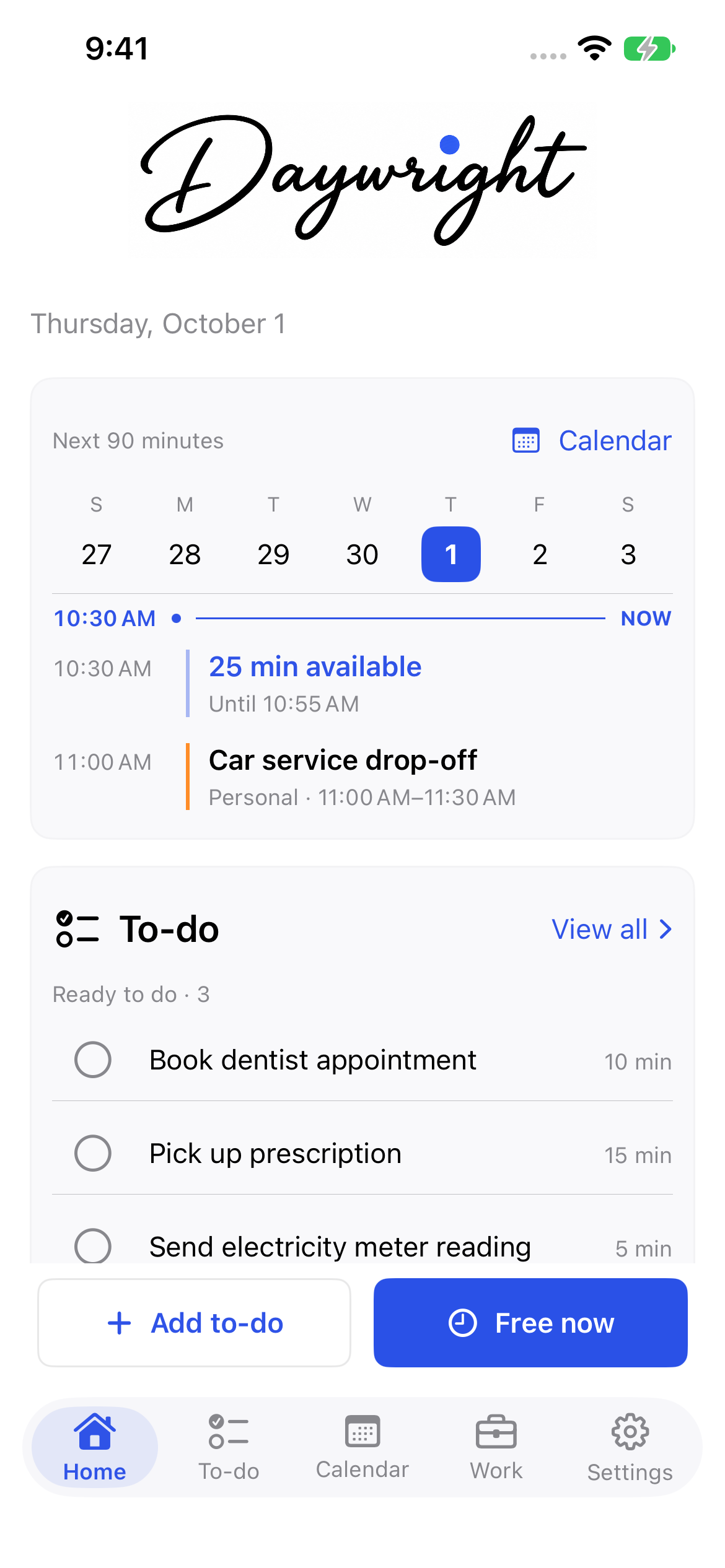 Daywright Home with a fictional day, calendar commitments, and ready to-dos.
