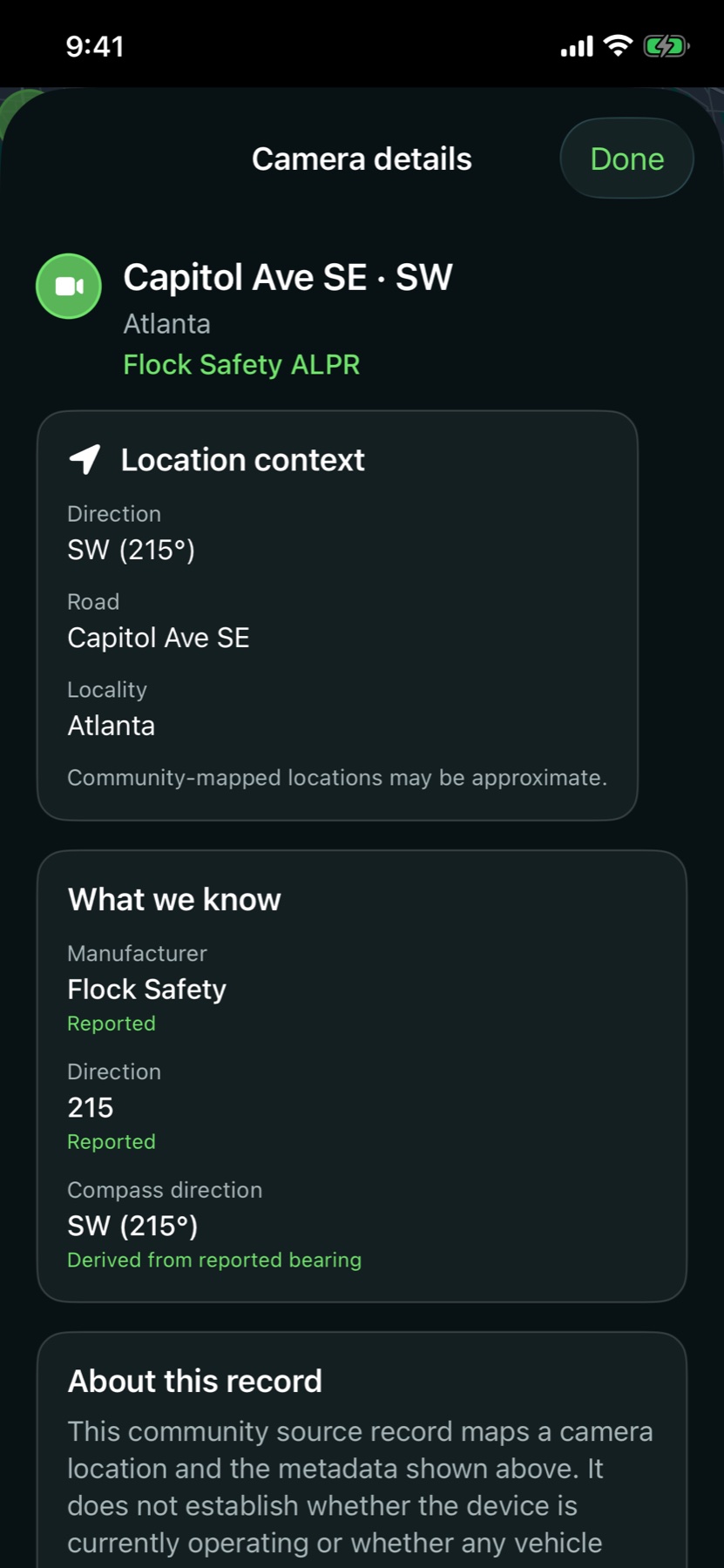Flock AFO camera details showing reported manufacturer and direction separately from derived location and compass context.