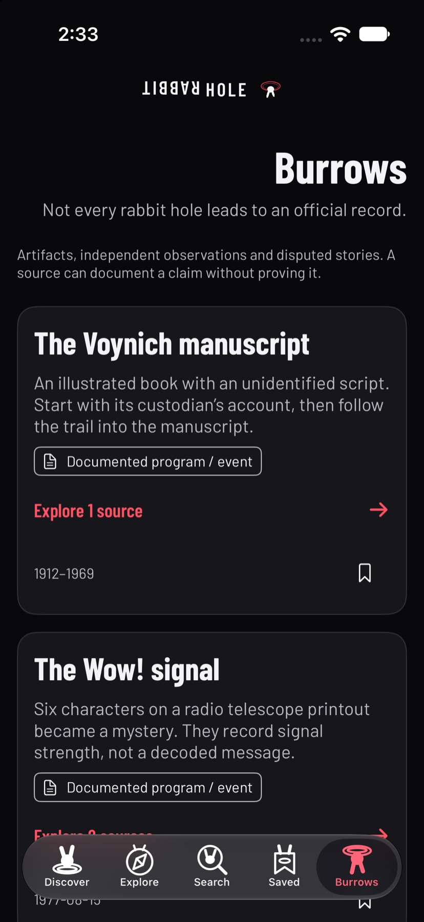 Burrows screen showing the Voynich manuscript and the Wow! signal, with sources and evidence labels.