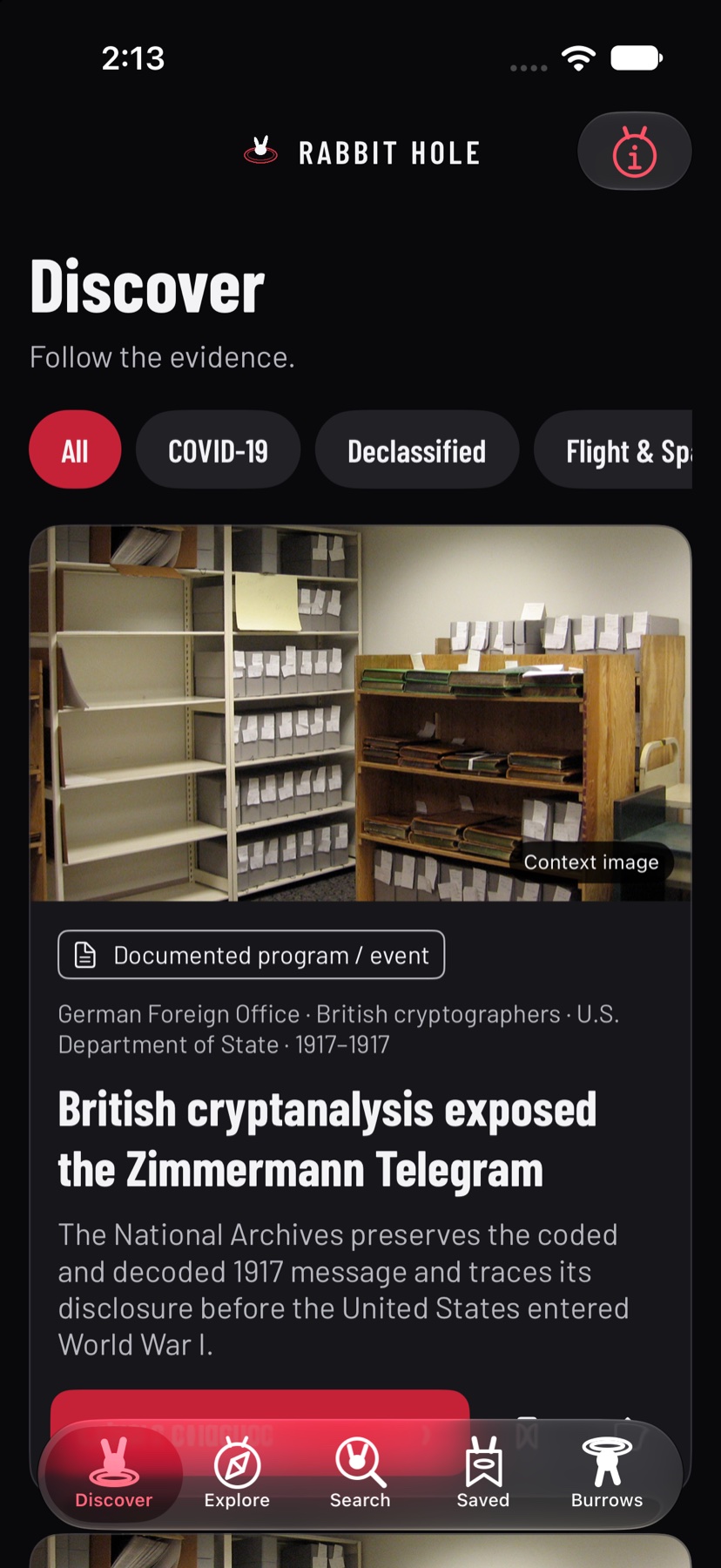 Discover screen showing the Zimmermann Telegram discovery and its evidence label.