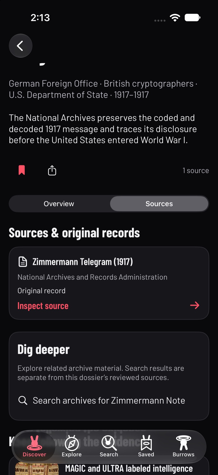 Sources view showing a National Archives original record and the Inspect source action.