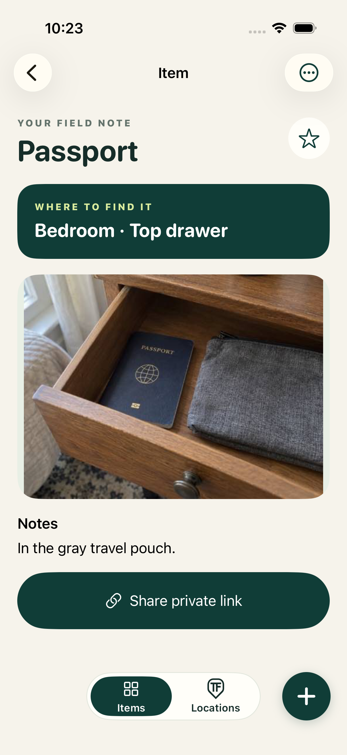 A saved Passport item in Where TF, with Bedroom · Top drawer as its place, a realistic passport photo, and notes.