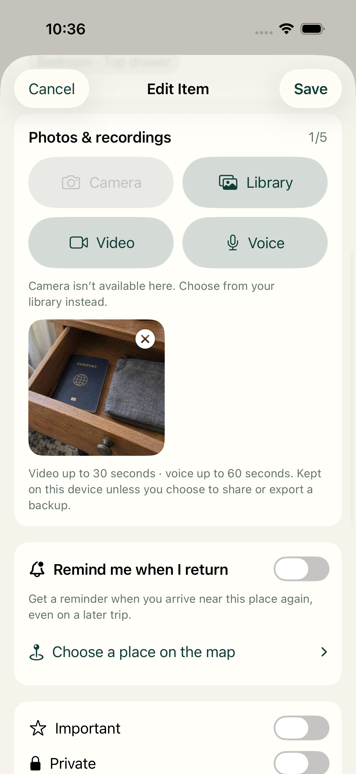 Where TF item editor showing a realistic passport photo, the 1 of 5 photo count, Video and Voice controls, and optional map and nearby reminder controls.