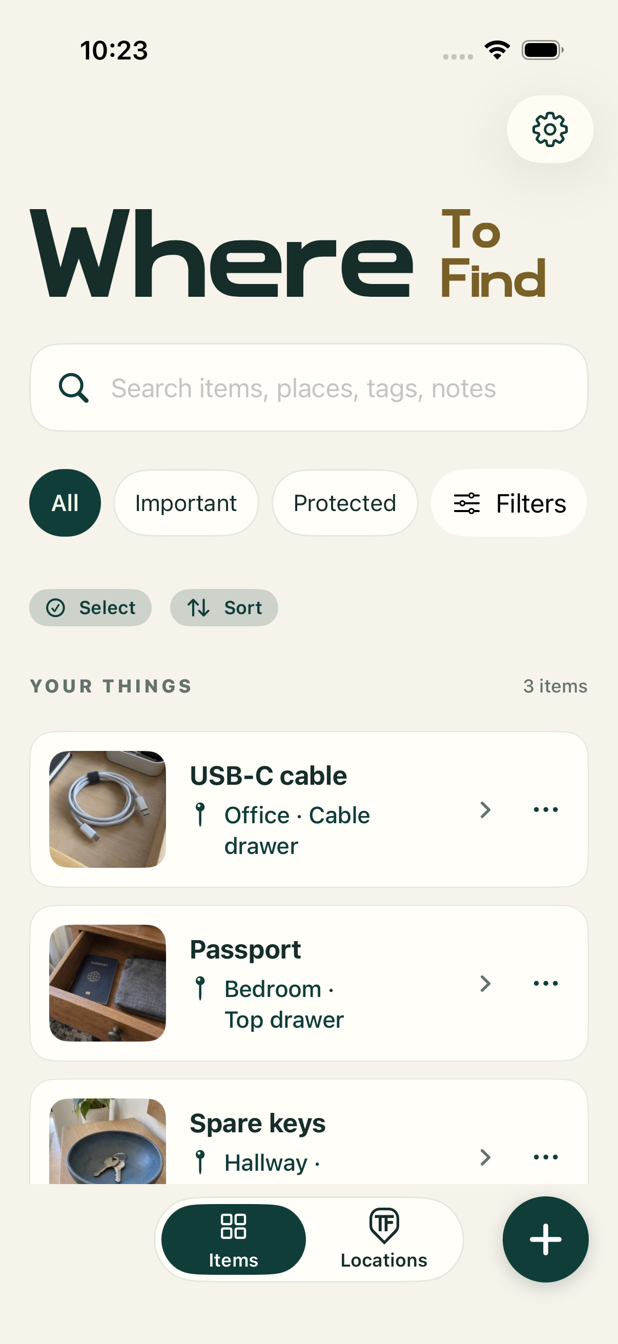 Where TF item list with photos of a USB-C cable, a passport, and spare keys, each with a written place.