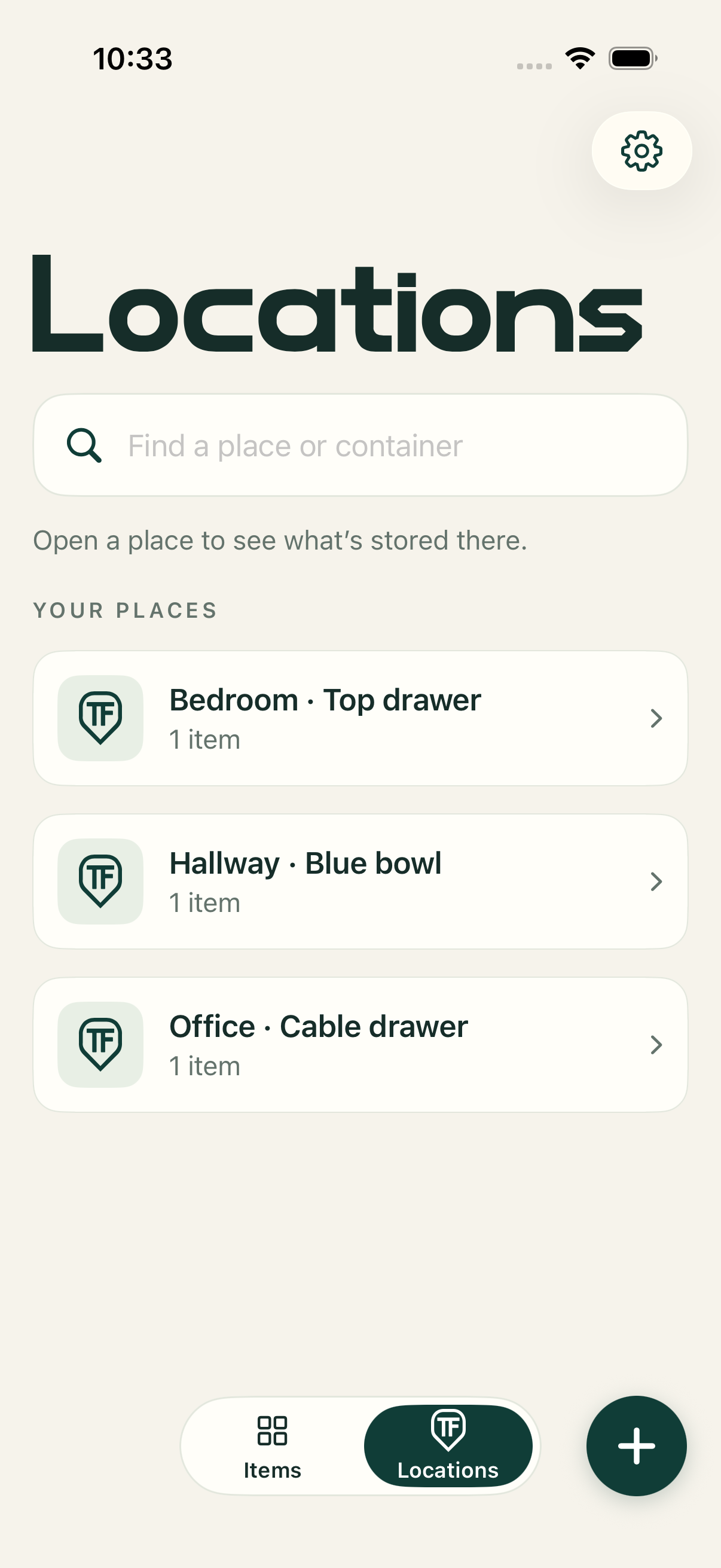 Where TF Locations tab listing Bedroom · Top drawer, Hallway · Blue bowl, and Office · Cable drawer, with one item in each place.